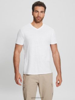 GUESS גברים חולצה אקולוגית בתערובת פשתן עם צווארון V F8RV3992 לבוש מולטי לבן טהור