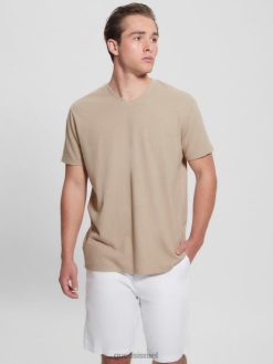 GUESS גברים חולצה אקולוגית בתערובת פשתן עם צווארון V F8RV4032 לבוש פסדינה אבן מולטי