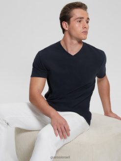 GUESS גברים חולצה אקולוגית בתערובת פשתן עם צווארון V F8RV4038 לבוש מולטי כחול חכם