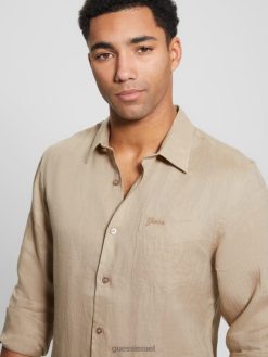 GUESS גברים חולצת פשתן של eco island F8RV3958 לבוש סיינה טבעית