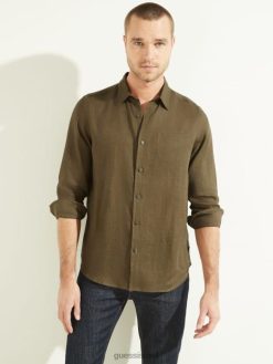 GUESS גברים חולצת פשתן של eco island F8RV4114 לבוש קנטינה ירוקה