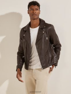 GUESS גברים מעיל עור לאופנוענים F8RV4106 לבוש בראוניז שוקולד