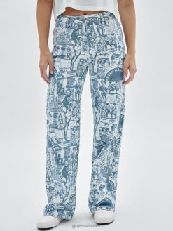 GUESS לִשְׁנֵי הַמִינִים ג'ינס רחב רגליים בהדפס וינטג' המקורי F8RV174 לבוש מולטי לבן טהור