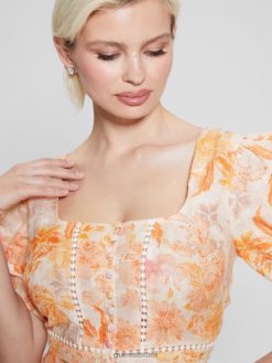 GUESS נשים אקו קסנדרה קרופ טופ פרחוני תפוח F8RV1309 לבוש פריחת מנדרינה