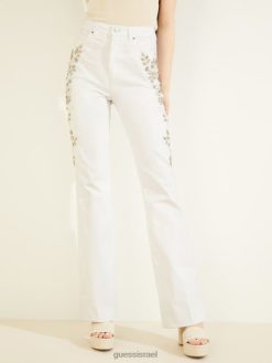 GUESS נשים ג'ינס מתרחב מעוטר משנות ה-70 F8RV148 לבוש לבן זהוב