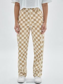 GUESS נשים ג'ינס נגר משובץ מקוריים F8RV227 לבוש עירום בז' חיוור