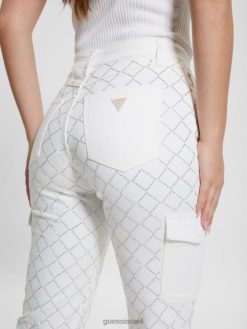 GUESS נשים ג'ינס קרגו ג'ינס משנות ה-80 יהלום F8RV48 לבוש בלינג לבן