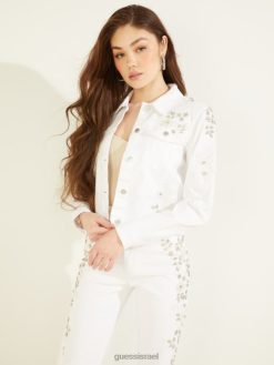 GUESS נשים ז'קט ג'ינס מעוטר אדוריה F8RV222 לבוש לבן זהוב