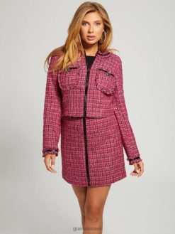 GUESS נשים ז'קט טוויד פרבנש F8RV1959 לבוש טוויד אדום ורוד