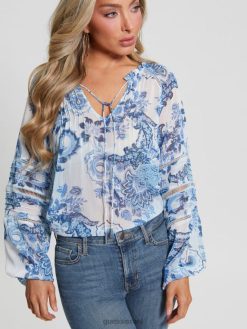 GUESS נשים חולצה שקופה עם שרוולים ארוכים F8RV1052 לבוש פריטי אספנות כחולים