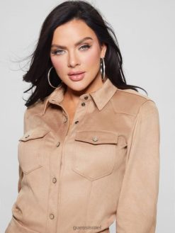 GUESS נשים חולצת ווסטרן מבד זמש של דייזי F8RV1109 לבוש חול רטוב