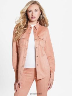 GUESS נשים חולצת ווסטרן מבד זמש של דייזי F8RV1425 לבוש ורד סאטן