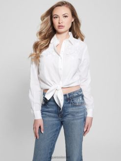 GUESS נשים חולצת כותנה רקומה של נאדיה F8RV1165 לבוש לבן טהור