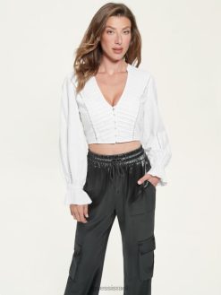 GUESS נשים חולצת פשתן ריאה F8RV1417 לבוש לבן טהור