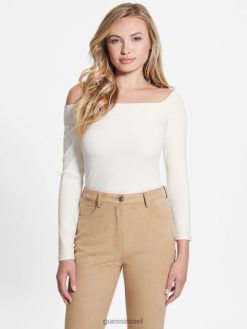 GUESS נשים חלק עליון אקו אמיליה מחוץ לכתף F8RV1630 לבוש לבן שמנת