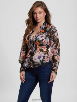 GUESS נשים חלק עליון אקו מוניקה שיפון עם שרוולים ארוכים F8RV1242 לבוש סיאובלה