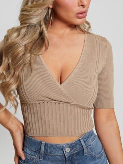 GUESS נשים חלק עליון עם צווארון V עם תחבושת רכה F8RV938 לבוש חול רטוב