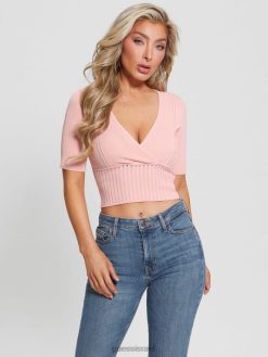 GUESS נשים חלק עליון עם צווארון V עם תחבושת רכה F8RV974 לבוש קרם אפרסק