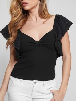 GUESS נשים חלק עליון עם שרוול פרפר ריינה אקולוגי F8RV1094 לבוש שָׁחוֹר