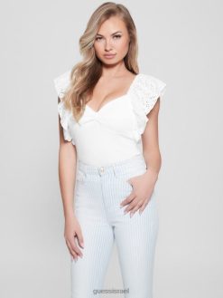 GUESS נשים חלק עליון עם שרוול פרפר ריינה אקולוגי F8RV1143 לבוש לבן שמנת