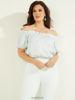 GUESS נשים חלק עליון רקום אקולוגי פרדיסו F8RV1534 לבוש שמיים שלווים