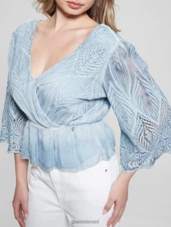 GUESS נשים חלק עליון רקום pam F8RV1220 לבוש ג'ינס כחול נעלם מולטי