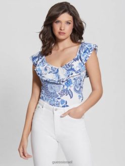 GUESS נשים חלק עליון של ורוניקה עם סלסולים אקולוגיים F8RV1292 לבוש פריטי אספנות כחולים