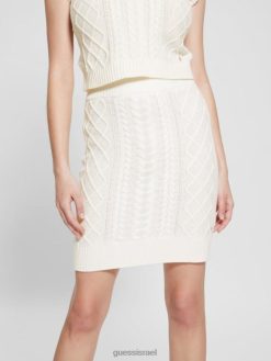 GUESS נשים חצאית אקו רוקסן מידי בתערובת צמר F8RV2002 לבוש לבן שמנת