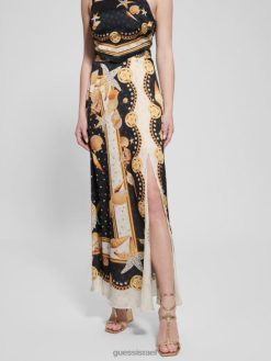 GUESS נשים חצאית מקסי של דורה סאטן F8RV2026 לבוש הדפס מעטפת שחור