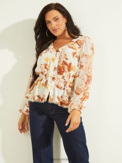 GUESS נשים טופ אקו הרה F8RV1673 לבוש הדפס פרחוני יער לבן