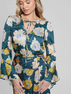 GUESS נשים טופ אקו פאיזה F8RV1654 לבוש הדפס פרחים עתידי כחול