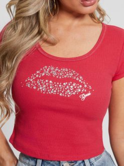 GUESS נשים טופ חצוב שפתיים אקו ריינסטון F8RV1419 לבוש ורוד קארמה