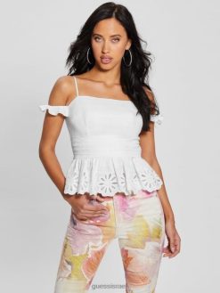 GUESS נשים טופ כתף קרה אקולוגית F8RV923 לבוש לבן טהור
