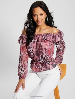 GUESS נשים טופ לוסי אקולוגי מחוץ לכתף F8RV1046 לבוש הדפס קשמיר סגול