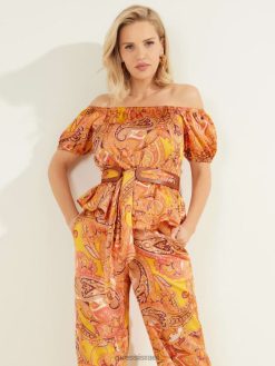 GUESS נשים טופ מודפס מחוץ לכתף F8RV1443 לבוש קאבו פייזלי