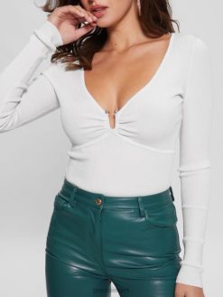 GUESS נשים טופ סוודר ניקול F8RV1475 לבוש לבן שמנת