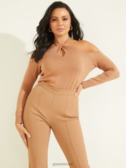 GUESS נשים טופ סוודר פריה עם כתף קרה F8RV1427 לבוש חום שיטאקי