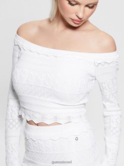 GUESS נשים טופ סוודר deeta אקולוגי פוינטל F8RV1421 לבוש לבן טהור