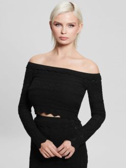 GUESS נשים טופ סוודר deeta אקולוגי פוינטל F8RV1508 לבוש שָׁחוֹר