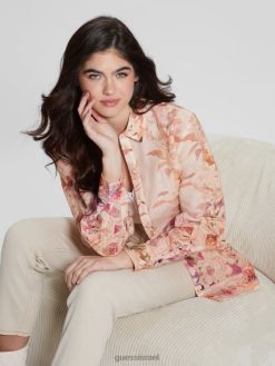 GUESS נשים טופ פשתן ורוד אקולוגי F8RV1136 לבוש כבש מחדש את הרומנטיקה