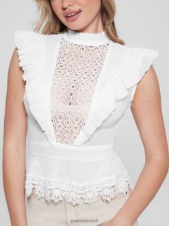 GUESS נשים טופ צווארון מדומה של ג'יימי F8RV983 לבוש לבן טהור