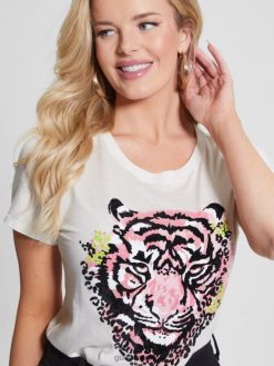 GUESS נשים טיגר ריינסטון טי F8RV953 לבוש לבן שמנת