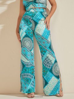 GUESS נשים מכנסי משי של מיקונוס F8RV2191 לבוש שילוב כחול של mykanos