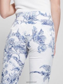 GUESS נשים מכנסיים ארוגים ישרים, פרחוניים משנת 1981 F8RV64 לבוש פרח פורצלן