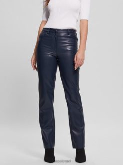 GUESS נשים מכנסיים ישרים מעור מלאכותי של קלי F8RV2294 לבוש כחול מושחר