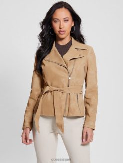 GUESS נשים מעיל מוטו חדש עם חגורות של agnes F8RV1767 לבוש מולטי חול רטוב