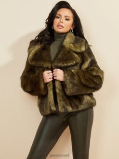 GUESS נשים מעיל פרווה מלאכותית של גוונדה F8RV1928 לבוש לאנסר ירוק מולטי