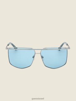 GUESS נשים משקפי שמש גיאומטריים לסרגל גבות ממתכת F8RV3768 אבזר כסף/כחול מבריק