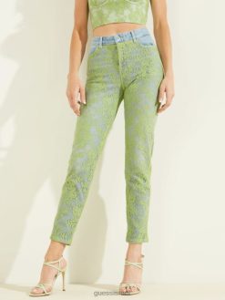 GUESS נשים סקיני ג'ינס תחרה משנת 1981 F8RV268 לבוש שטיפת תחרה ירוקה