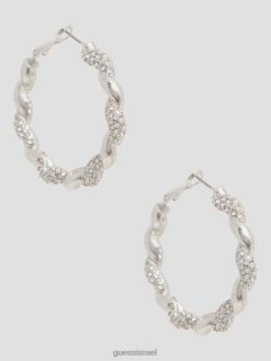 GUESS נשים עגילי חישוק טוויסט ריינסטון F8RV3835 אבזר כסף